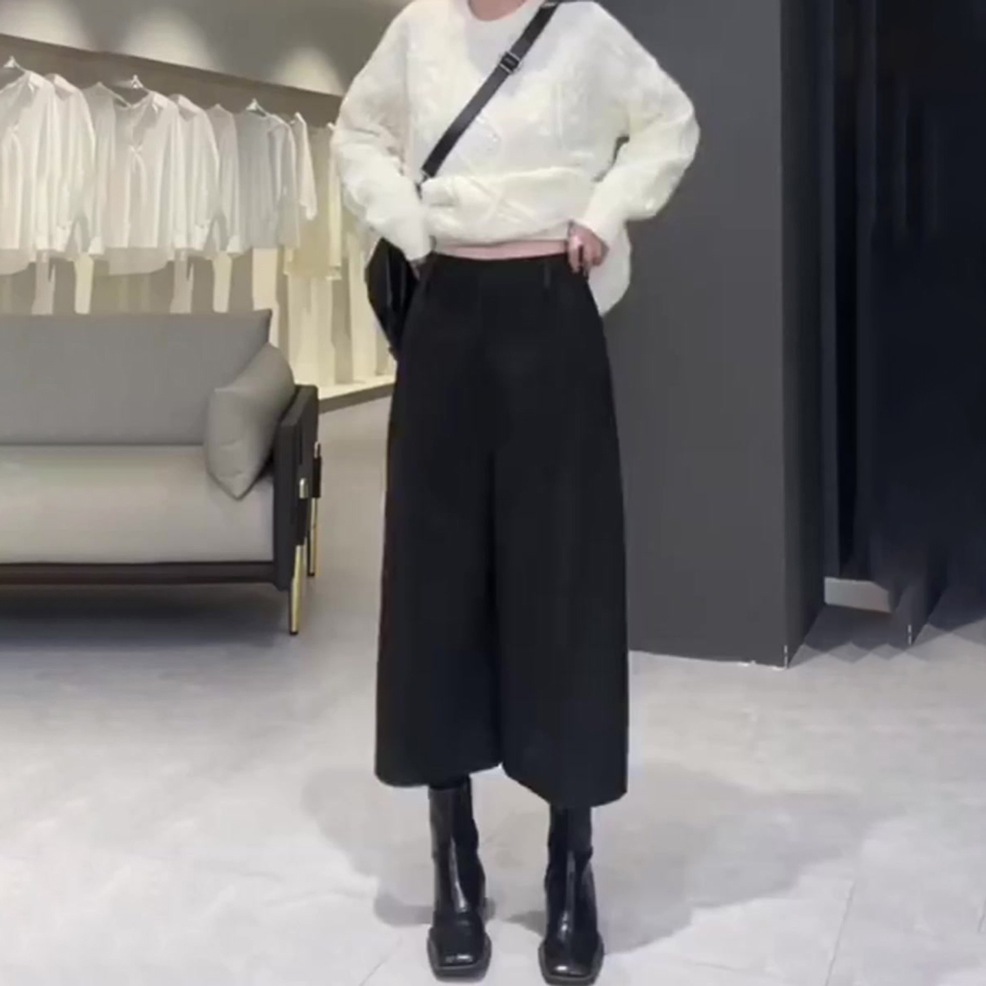 黑色八分毛呢休闲裤女秋冬新款高腰显瘦时尚百搭洋气直筒阔腿裤子 - 图0