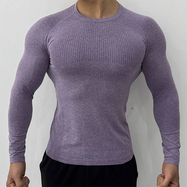 Seamless jacquard fitness long-sleeved T-shirt sports outdoor men's slim-fit quick-drying elastic training top round neck
