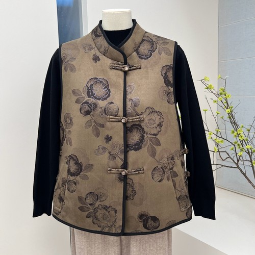 秋冬奶奶装旗袍领国风坎肩马夹中老年妈妈皮毛一体保暖马甲上衣女 - 图0