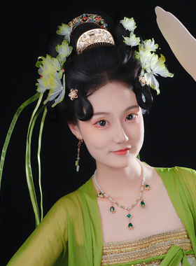 绿色系唐风少女花朵蝴蝶发夹