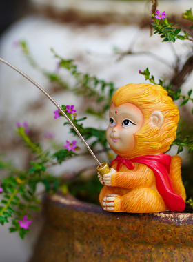 小猴子钓鱼水族箱鱼缸造景