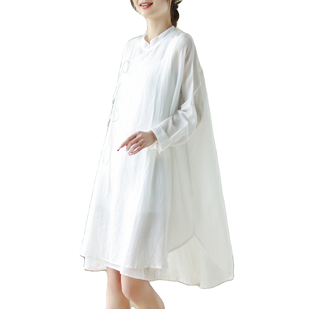 仙气白色棉麻连衣裙女宽松茶服森系中式禅意汉服少女中长款衬衣裙