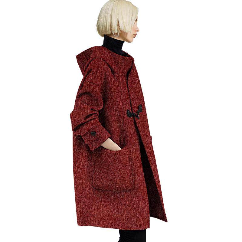 兰卡时尚宽松连帽红色呢子大衣2025年冬装新款显瘦毛呢减龄外套女,淘宝优惠券,粉丝福利购,淘宝优惠卷