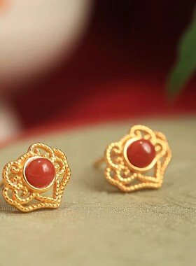 S925纯银南红如意耳钉本命年