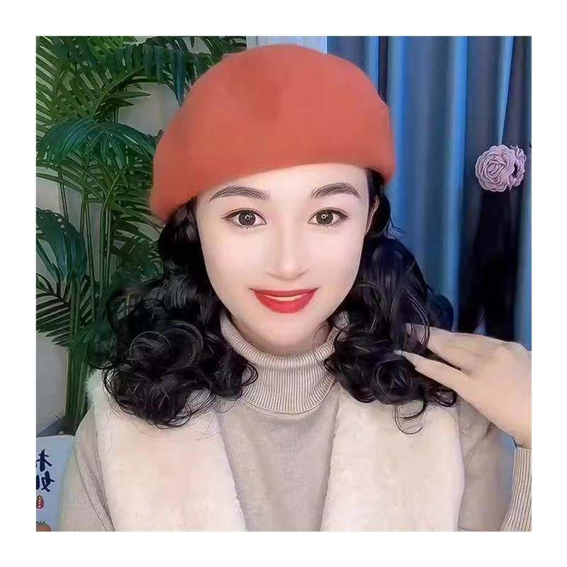 新款秋冬帽子假发一体女羊毛呢显白砖红贝雷帽短卷发妈妈帽全头套,淘宝优惠券,粉丝福利购,淘宝优惠卷