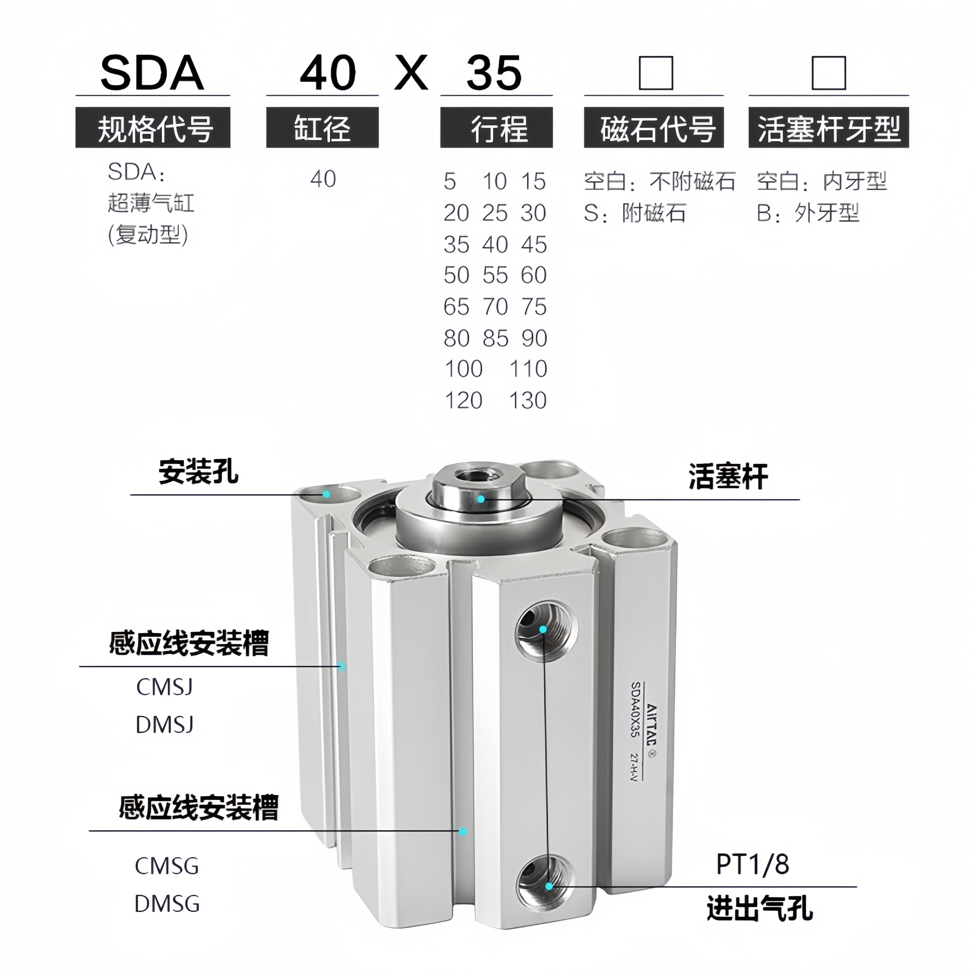 AIRTAC亚德客原装正品薄型气缸小型气动SDA25x5X10x20X25X30X40SB - 图0