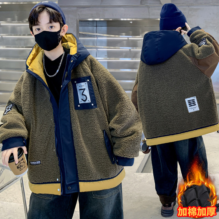 男童冬装撞色毛毛衣外套2025新款儿童连帽棉衣二夹棉秋冬上衣保暖 - 图0