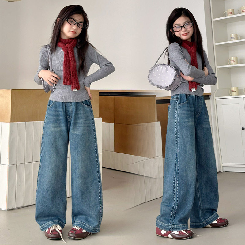 韩国女童牛仔裤2025秋冬装新款女大童初中生儿童一体绒加厚直筒裤,淘宝优惠券,粉丝福利购,淘宝优惠卷