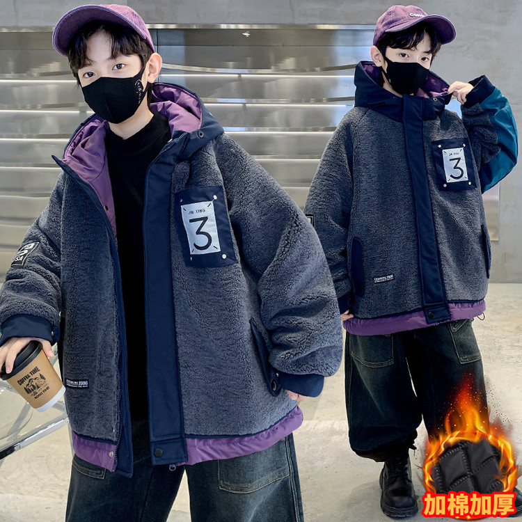 男童冬装撞色毛毛衣外套2025新款儿童连帽棉衣二夹棉秋冬上衣保暖 - 图3