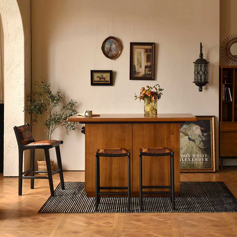 进口实木高脚凳头层牛皮柚木复古吧凳餐椅家用真皮设计师中古凳子,淘宝优惠券,粉丝福利购,淘宝优惠卷