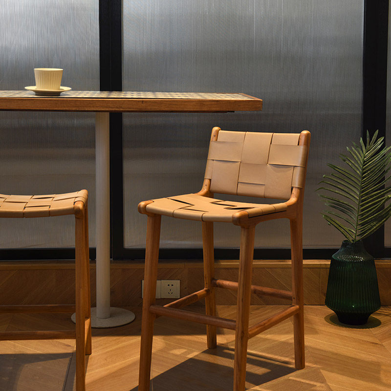 进口实木吧台椅奶油风牛皮凳家用高脚椅民宿酒店北欧商用岛台椅,淘宝优惠券,粉丝福利购,淘宝优惠卷