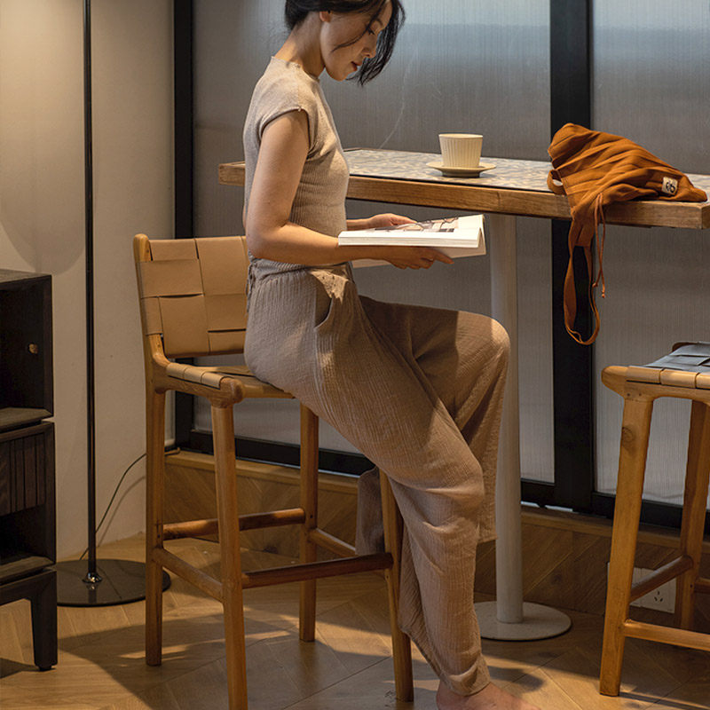 进口实木吧台椅奶油风牛皮凳家用高脚椅民宿酒店北欧商用岛台椅,淘宝优惠券,粉丝福利购,淘宝优惠卷