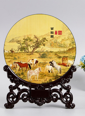 新中式创意名画摆件高档国风文创装饰书房办公桌山水活性炭雕摆件