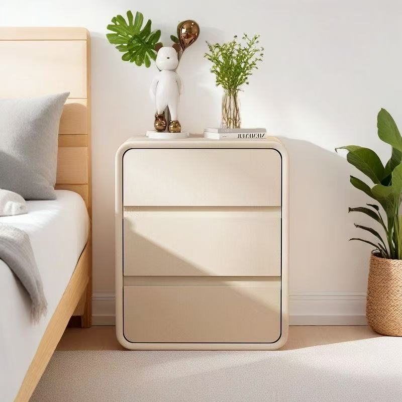 奶油风精致小床头柜卧室家用现代简约超纤皮质三层实木储物小柜子 - 图2