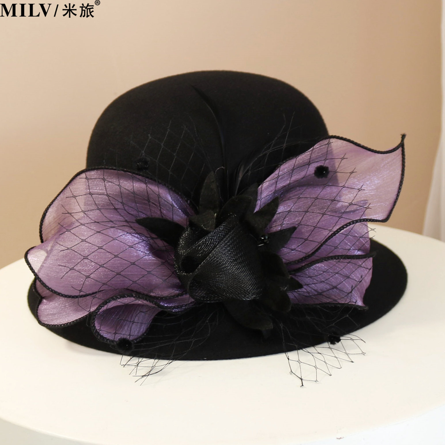 帽子女秋冬白色羊毛呢礼帽优雅法式复古花朵渔夫帽时尚百搭时装帽,淘宝优惠券,粉丝福利购,淘宝优惠卷