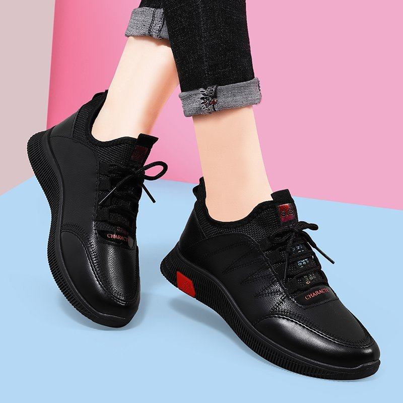 春秋百搭皮面妈妈鞋子平底防滑黑色软底旅游鞋运动休闲鞋女健步鞋,淘宝优惠券,粉丝福利购,淘宝优惠卷