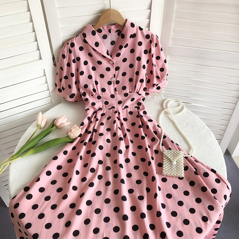 2022夏季新款法式小清新气质百搭V领波点印花中长款桔梗连衣裙女,淘宝优惠券,粉丝福利购,淘宝优惠卷