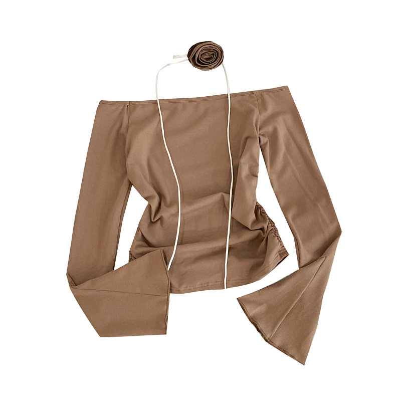 法式设计感百搭一字领花朵喇叭长袖修身辣妹褶皱打底衫T恤上衣女,淘宝优惠券,粉丝福利购,淘宝优惠卷