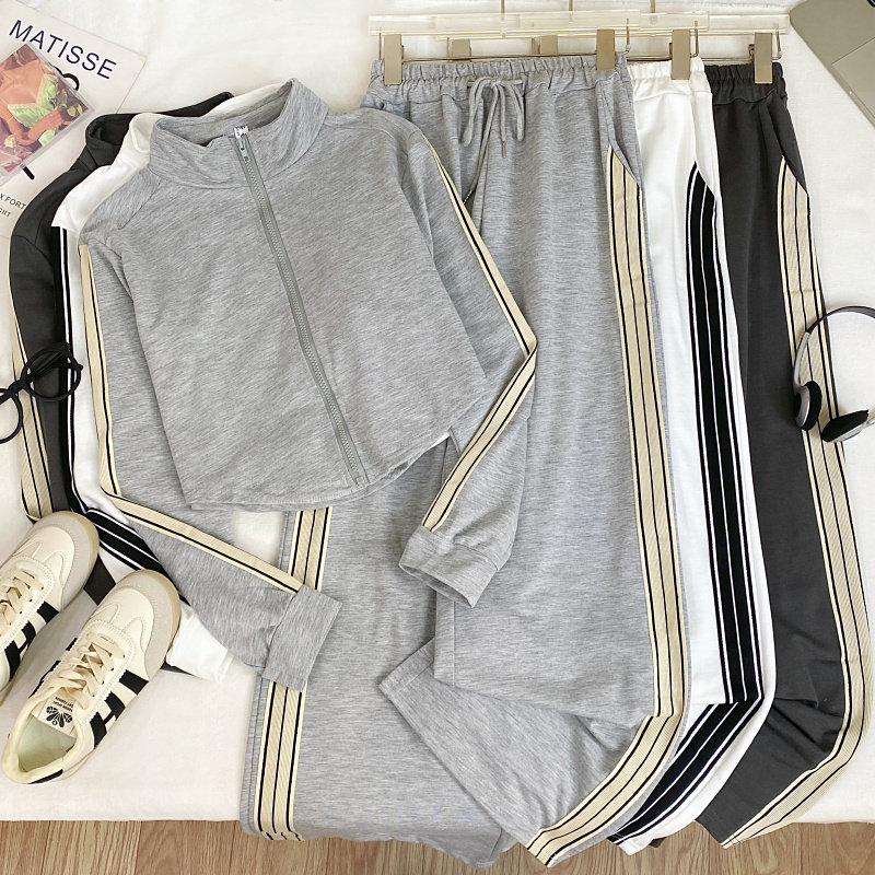 休闲运动风立领长袖卫衣外套+高腰显瘦撞色边阔腿长裤两件套装女,淘宝优惠券,粉丝福利购,淘宝优惠卷