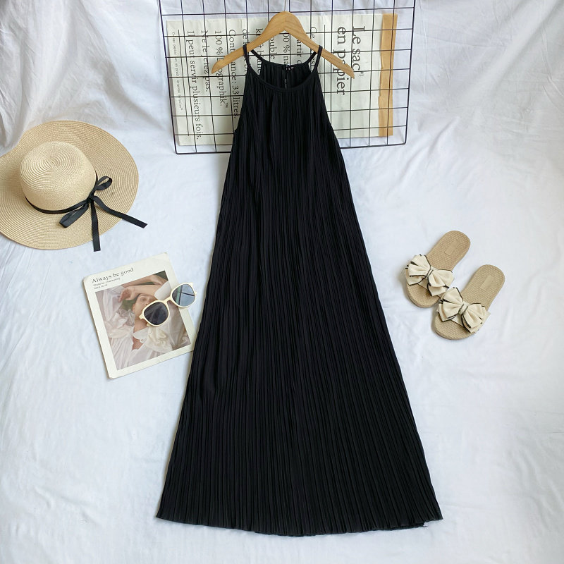 时尚百搭复古挂脖百褶收腰显瘦无袖中长款吊带连衣裙女2024春夏款,淘宝优惠券,粉丝福利购,淘宝优惠卷