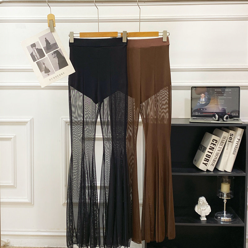 欧美风时尚百搭高腰显瘦透视薄款网纱喇叭阔腿长裤女2026春夏新款,淘宝优惠券,粉丝福利购,淘宝优惠卷