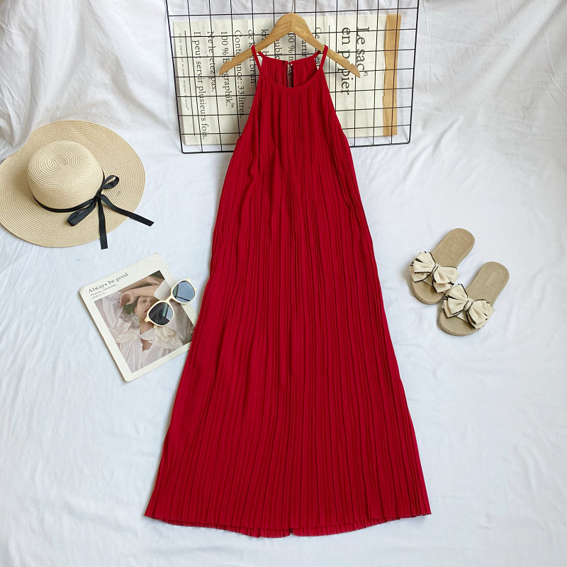 时尚百搭复古挂脖百褶收腰显瘦无袖中长款吊带连衣裙女2024春夏款,淘宝优惠券,粉丝福利购,淘宝优惠卷