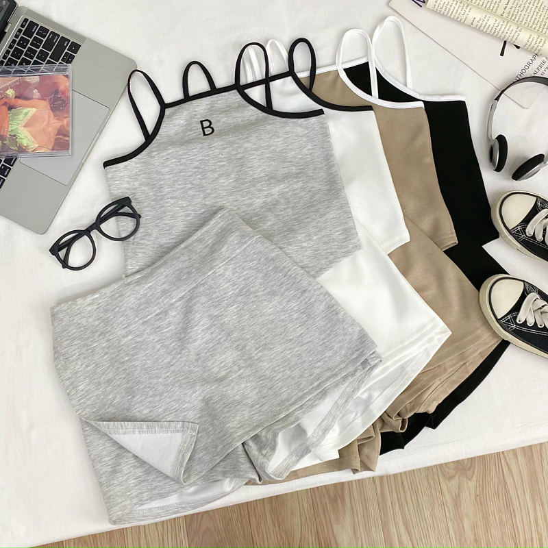 设计感刺绣字母短款吊带背心上衣+高腰显瘦不规则裤裙两件套装女 - 图0