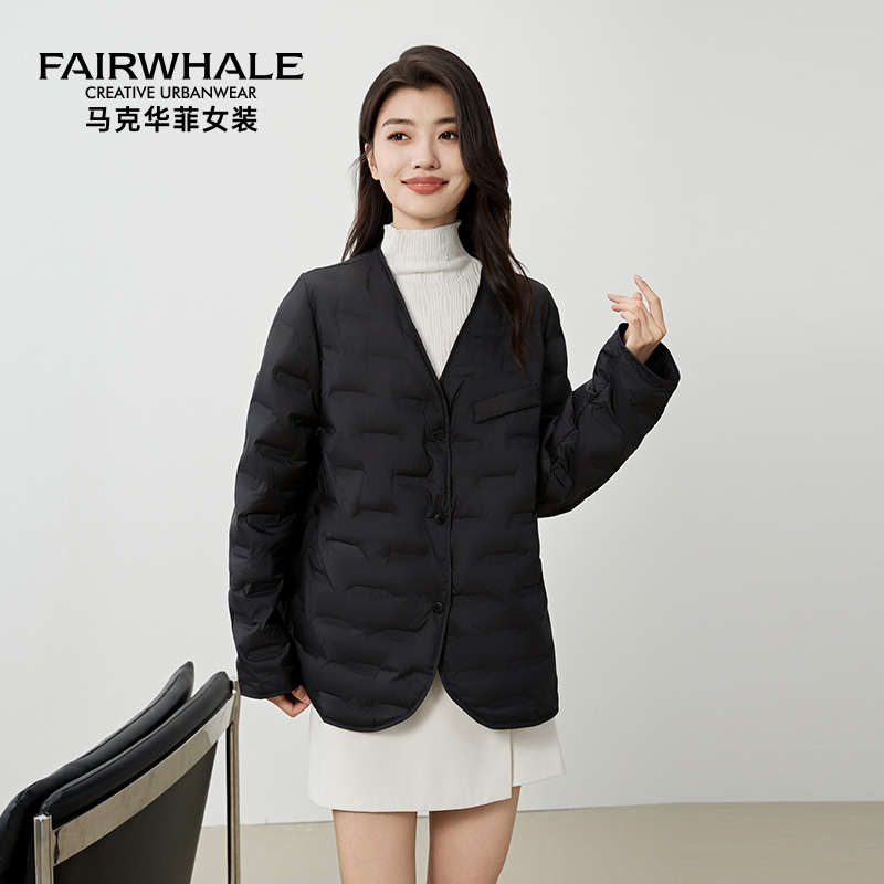 马克华菲西装羽绒服女V领短款时尚宽松韩版2025冬季新款轻暖外套
