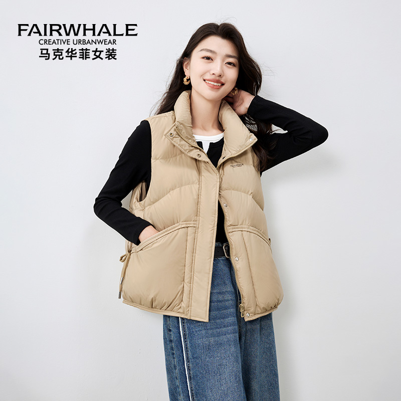 马克华菲无袖羽绒马甲女2025冬季新款纯色百搭简约马夹上衣立领短