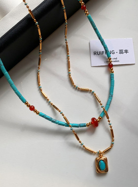 天然红玛瑙绿松色石串珠毛衣项链配饰女秋冬叠戴高级感锁骨链颈链