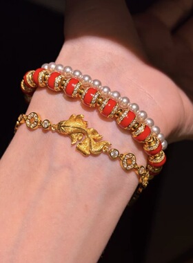 金店同款沙金饰品年年有余添财拉丝锦鲤钱币手链轻奢国风设计手饰