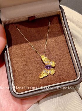 久不掉色高级感古法沙金超仙紫色锆石蝴蝶戒指组合大气百搭女