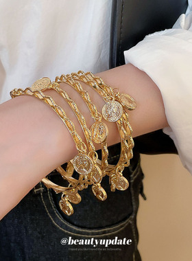 欧美跨境圆形人像流苏花边手镯五件套时尚百搭手环小众设计感手饰