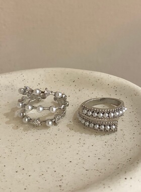 韩系时髦名媛气质珍珠戒指 开口可调节指环女叠戴高级感食指戒子