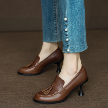 Handmade genuine leather ~ Guigas girls ~ French style retro flow susingles shoes womens spring autumn fine heel high heel Inn wind small leather shoes