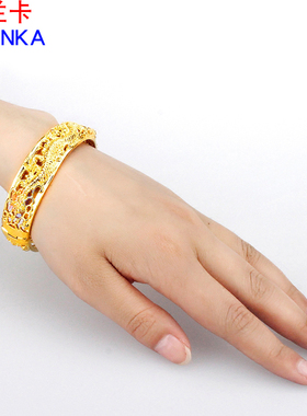 镀金手镯女士结婚龙凤镯 婚庆首饰礼物暗扣古典风镀沙金镯子配饰