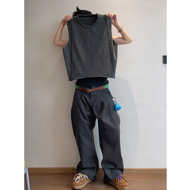Dannyandzee 230g heavy cotton wash and fried color breast spliced ​​short sleeveless sweat vest vest men