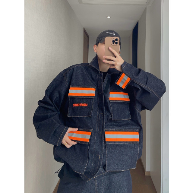 Dannyandzee spring retro street original cow color reflective strips spliced ​​three-dimensional pocket jacket men's INS