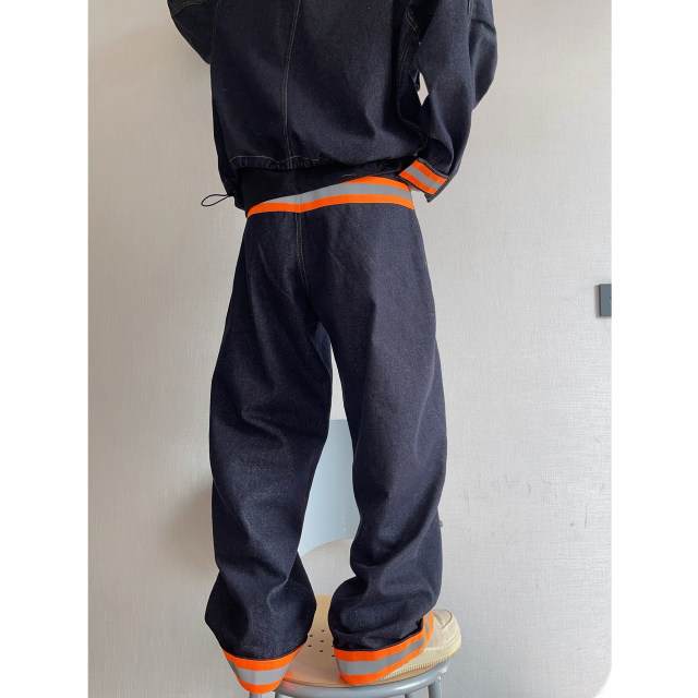 Dannyandzee spring retro street style raw cow color spliced ​​reflective strip cuffed jeans scimitar pants for men