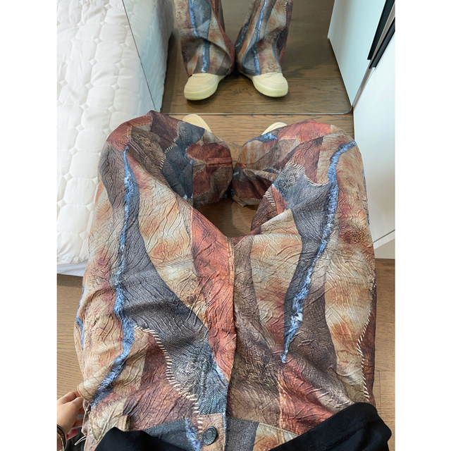 Dannyandzee spring retro handsome pleated stitching digital printing small straight casual pants men's trousers INS