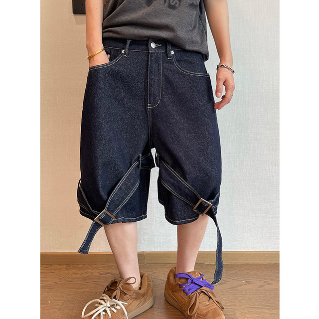 Dannyandzee summer retro all-match loose silhouette denim color double ribbon denim shorts five-quarter pants for men