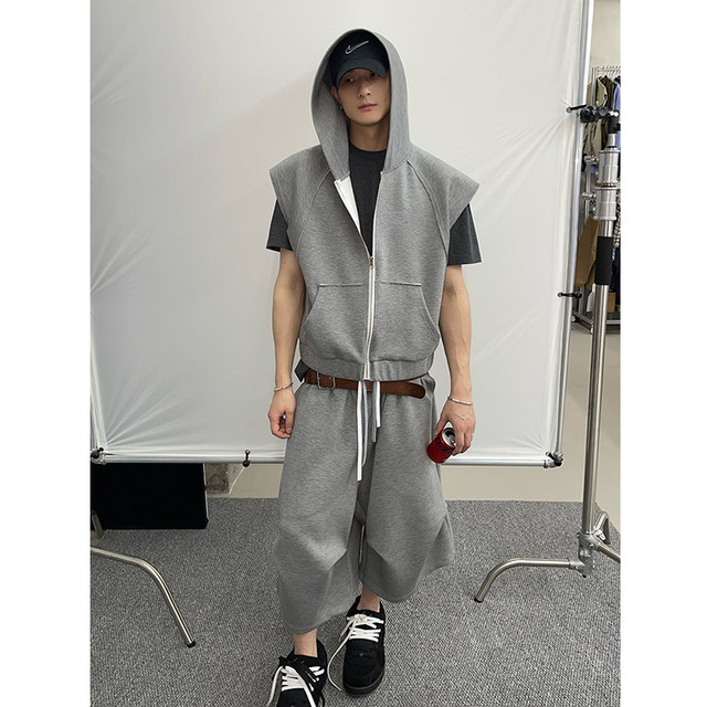 Dannyandzee summer retro versatile lazy gray sports casual cropped pants hooded vest suit for men