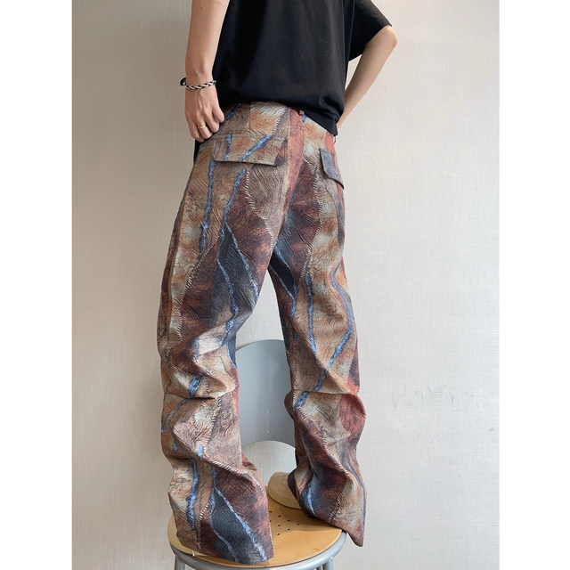 Dannyandzee spring retro handsome pleated stitching digital printing small straight casual pants men's trousers INS