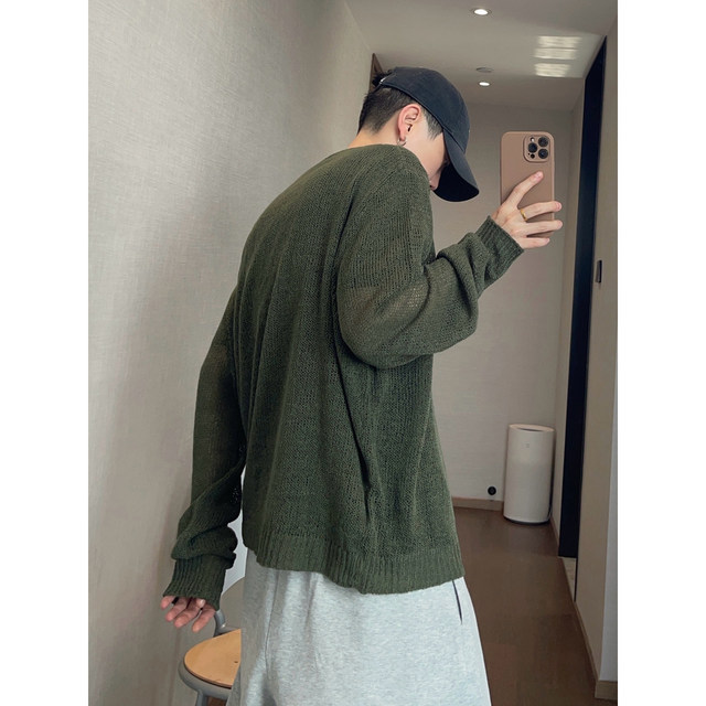 Dannyandzee spring and summer retro loose three-dimensional letter hook pattern stacked semi-transparent hollow thin sweater for men
