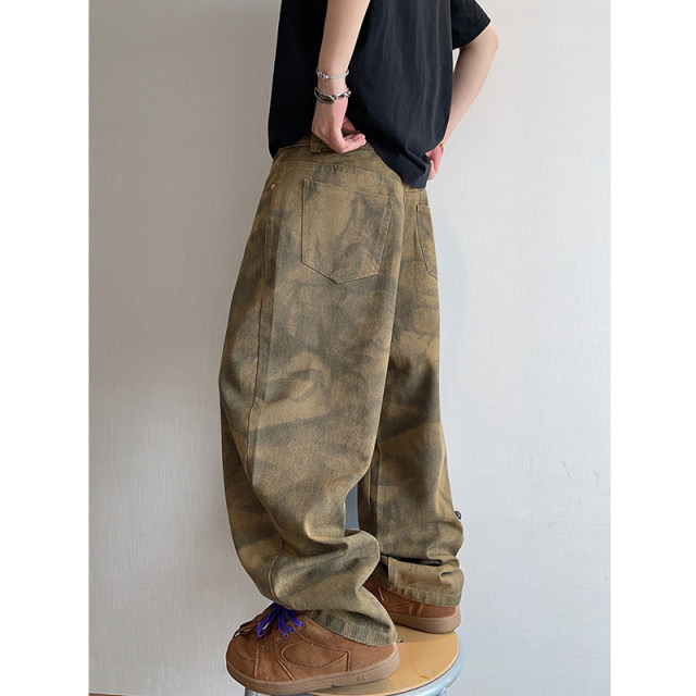 Dannyandzee spring retro 330g twill canvas army green tie-dye old workwear machete pants for men INS