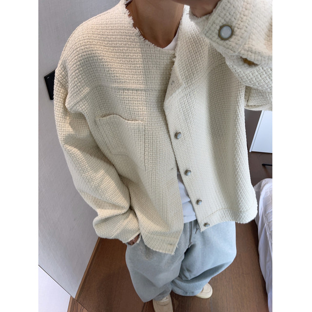 Dannyandzee spring black and white solid color plaid bead buckle loose woolen woven jacket for men