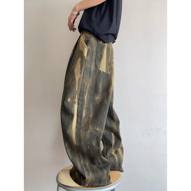 Dannyandzee spring retro army green camouflage tie-dyed twill canvas wide-leg overalls men's trousers INS