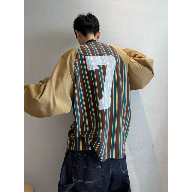 Dannyandzee autumn retro all-match letter print striped splicing raglan sleeves long sleeves V-neck TEE men's INS