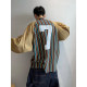 Dannyandzee autumn retro all-match letter print striped splicing raglan sleeves long sleeves V-neck TEE men's INS