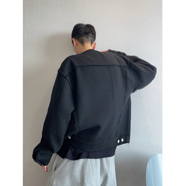 Dannyandzee spring black and white solid color plaid bead buckle loose woolen woven jacket for men